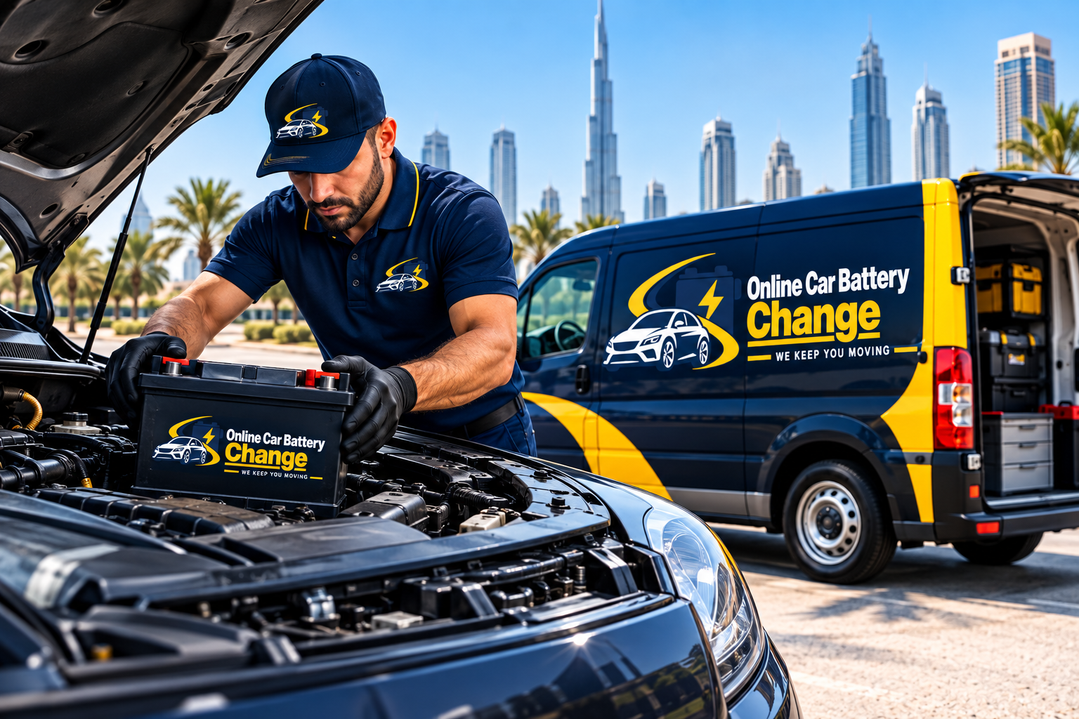 Mobile technician changing car battery on-site in Dubai